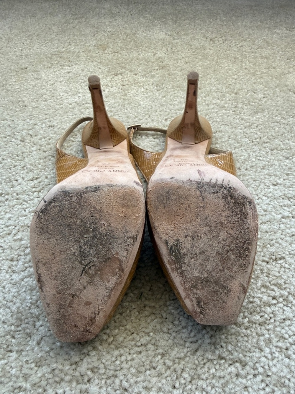 Jimmy Choo Tan Croc-Embossed Peep-Toe Slingback Heels - Picture 3 of 4